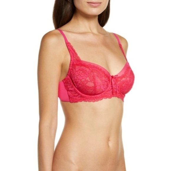SKARLETT BLUE Minx Lace Unlined Underwire Demi Bra Bright Pink 34DD NEW - Picture 1 of 8